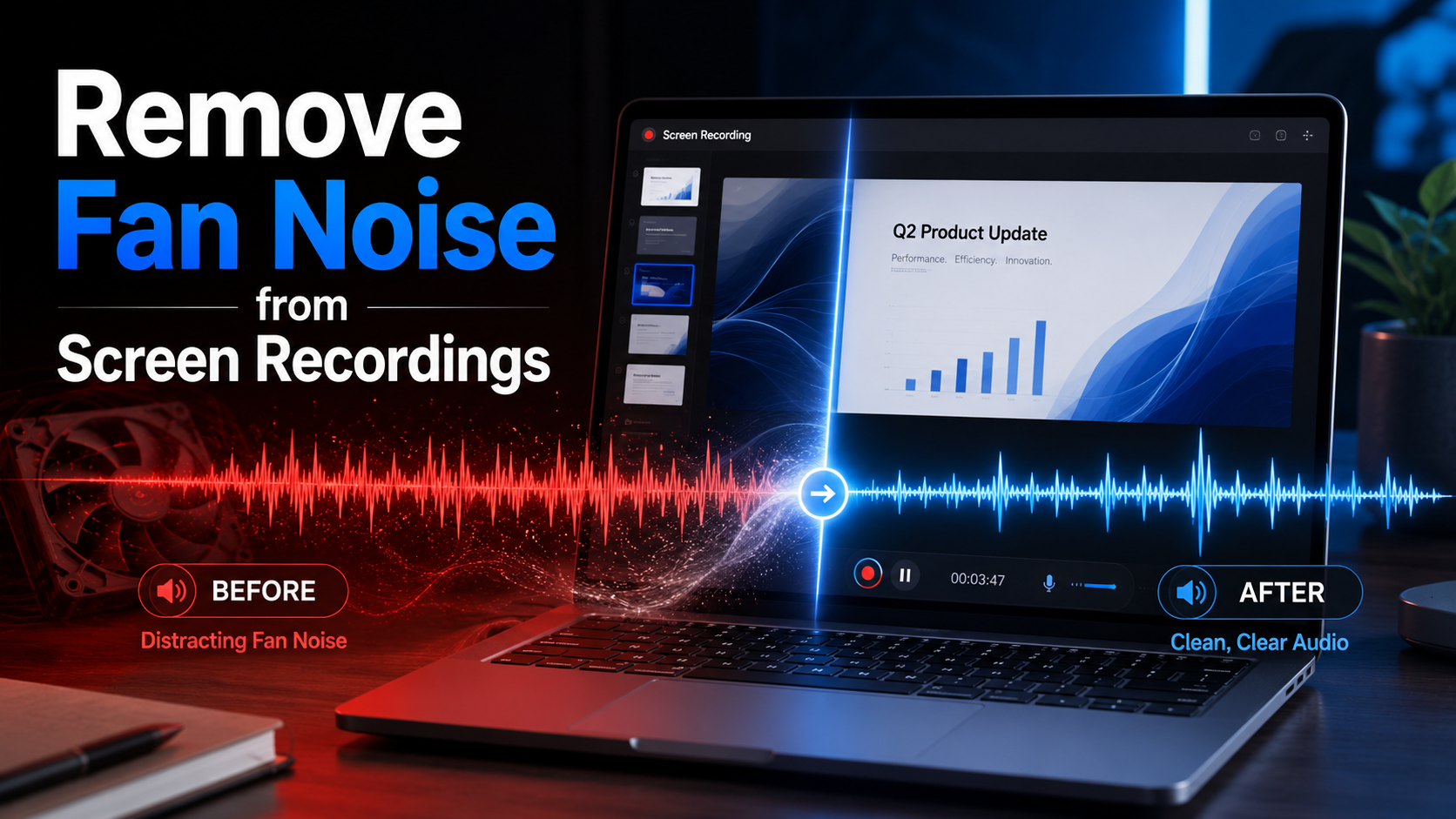 Laptop screen recording showing fan noise before processing and clean audio after processing