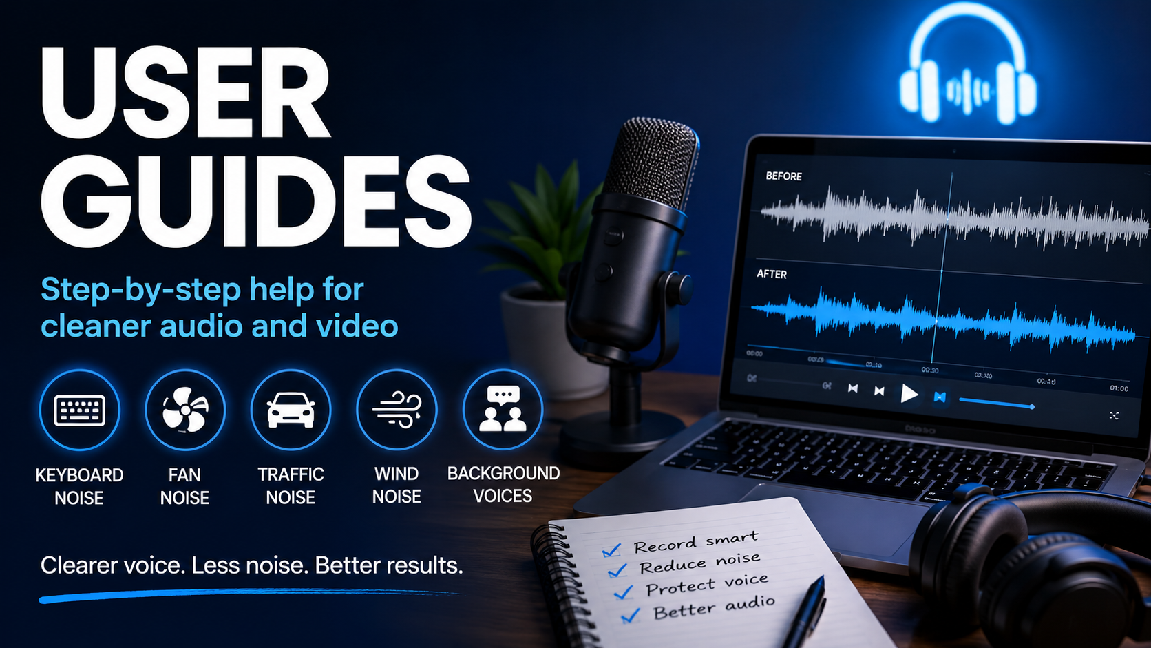 User guides for removing keyboard, fan, traffic, wind and background voice noise from audio and video