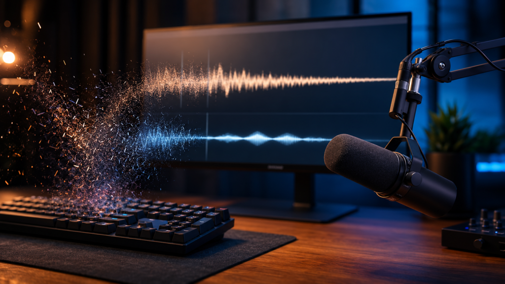 Professional microphone beside a computer keyboard showing keyboard noise being reduced into a clean audio waveform